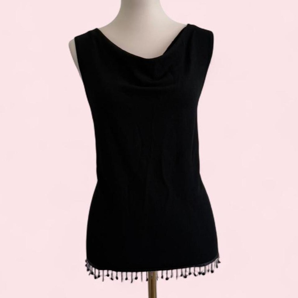 Vintage Ronni Nicole Black Beaded Hem Cowl Neck Tank — Size 14